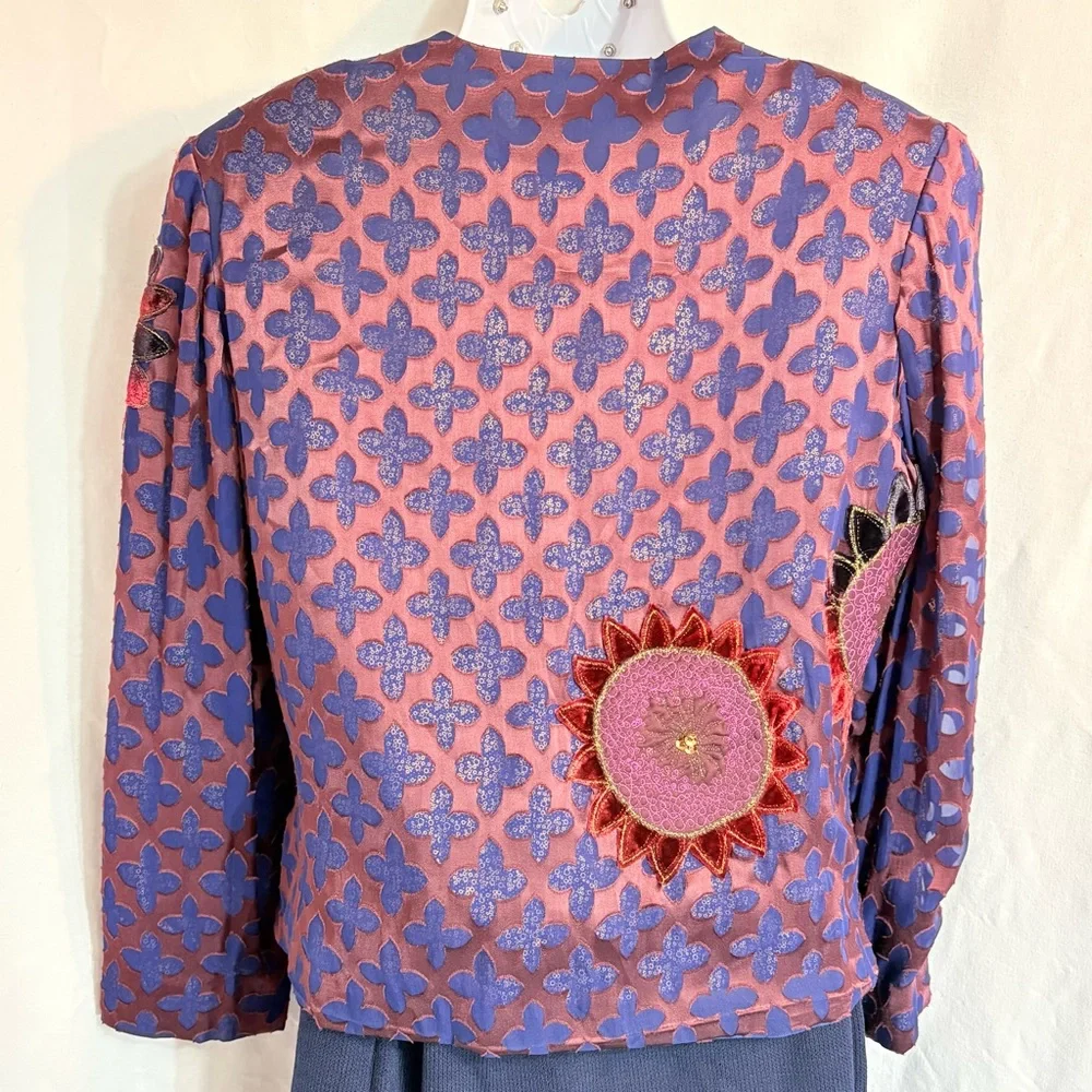 Ruby Cho Silk Blend Burnout Embroidered Jacket Floral Applique Boho M - Picture 4 of 5